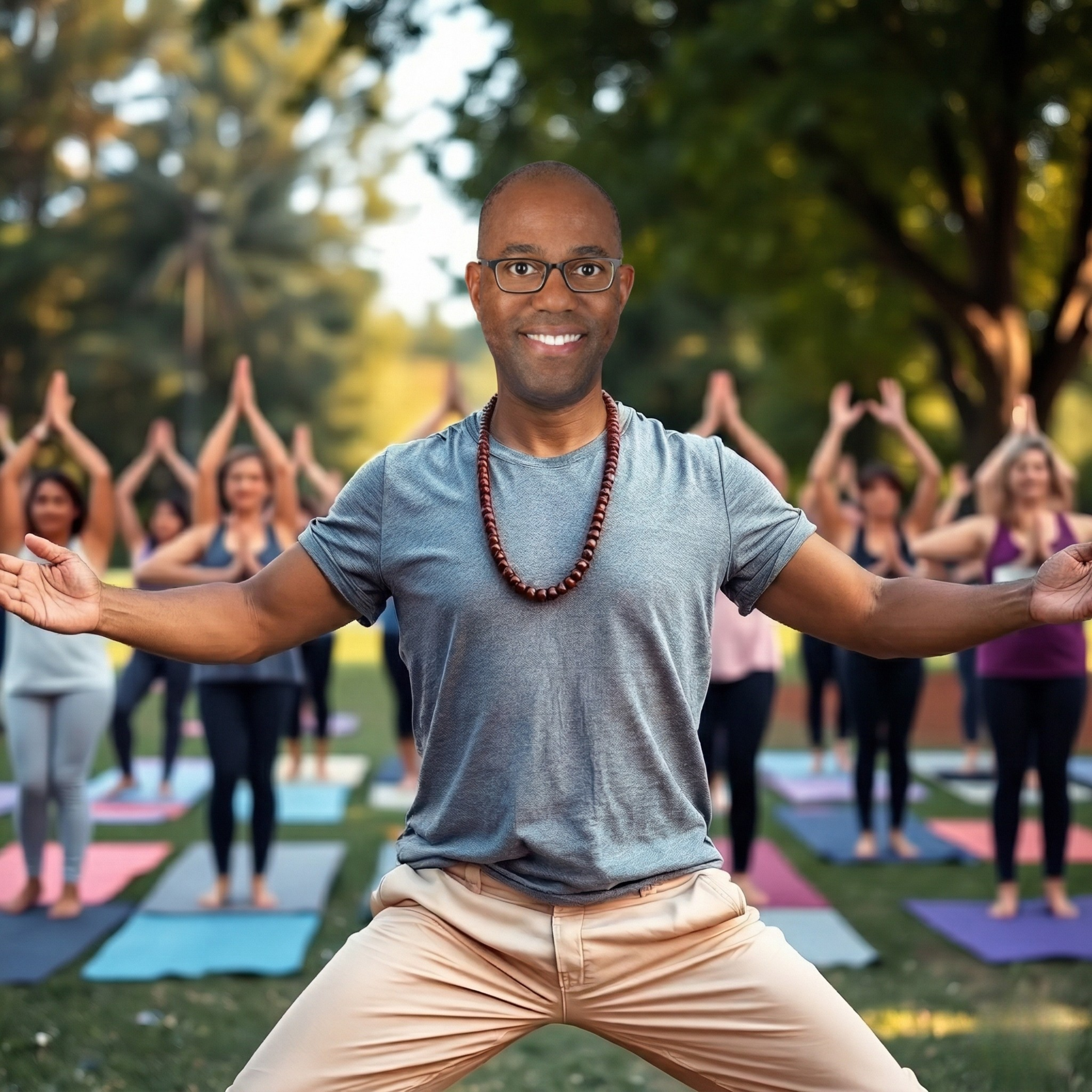 Louis Hill Jr. leading a yoga class at golden hour in the park